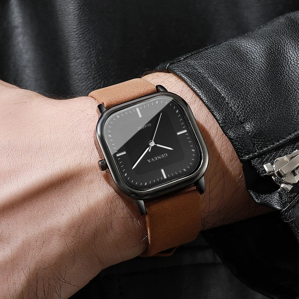 Nexus Square Quartz Watch for Men – Sleek Leather Band, 35mm Dial