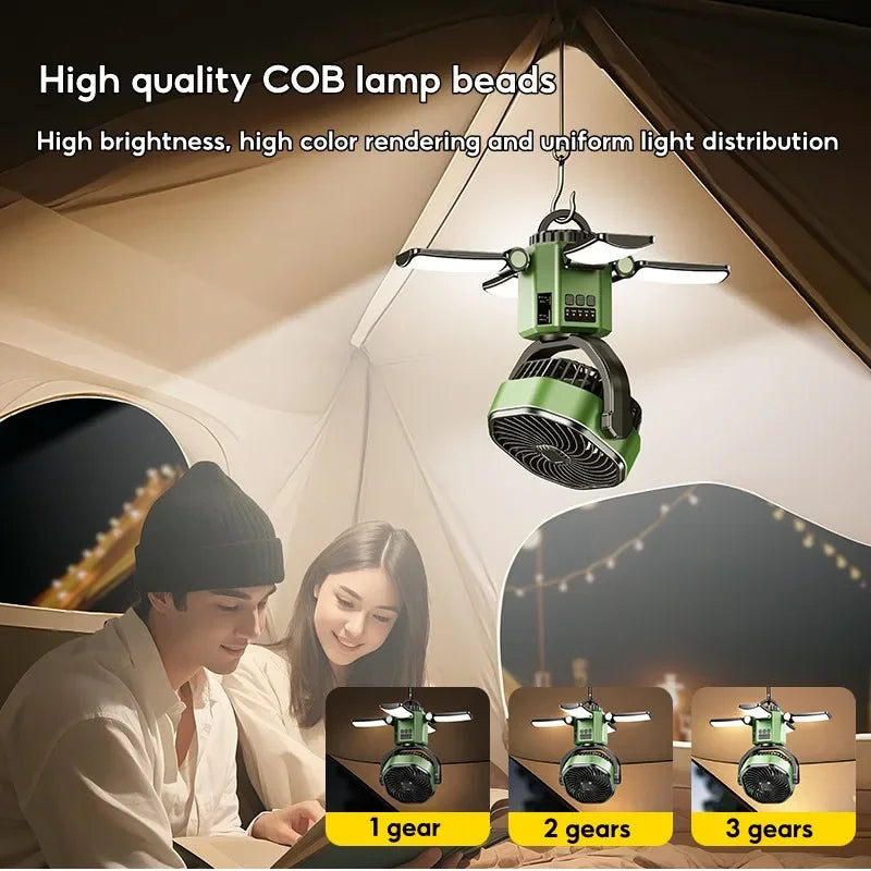 Portable Solar Fan for Camping – 6000mAh Battery, LED Light, 4 Speeds
