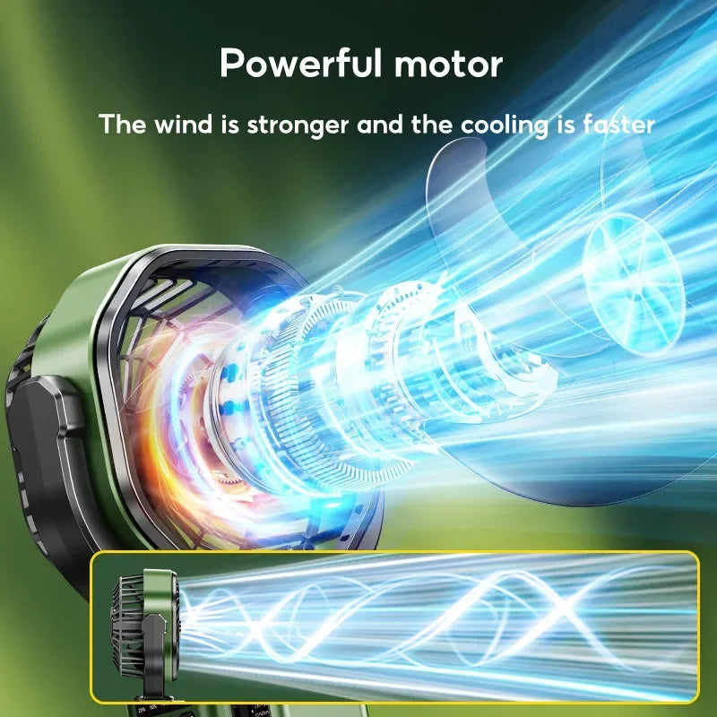 Portable Solar Fan for Camping – 6000mAh Battery, LED Light, 4 Speeds