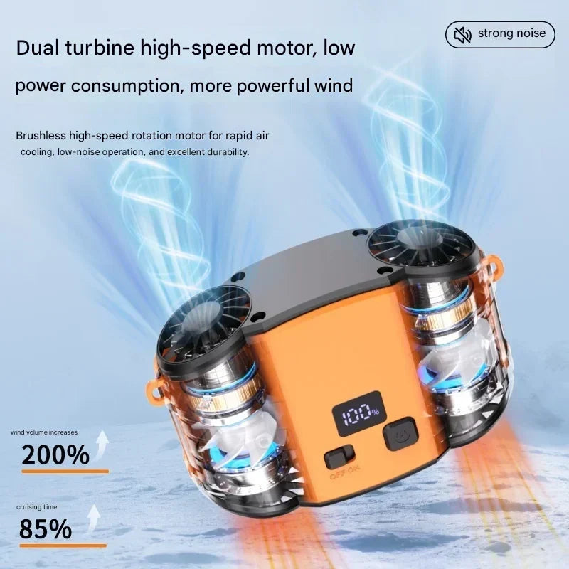 Neck and Waist Fan with Dual Air Outlets for Outdoor Use