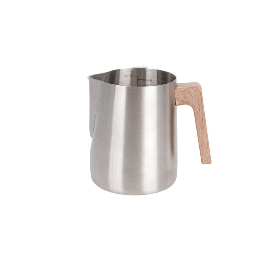 Elegant Milk Frothing Pitcher with Natural Wood Handle