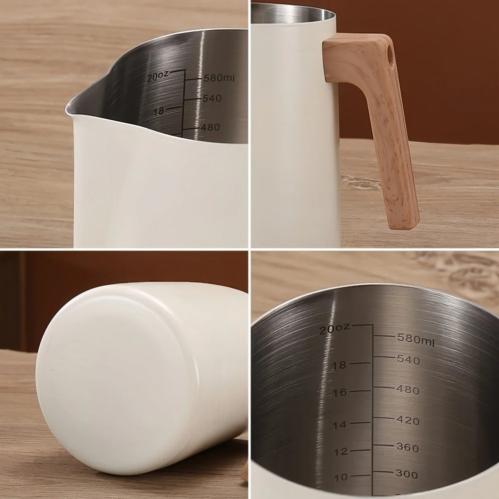 Elegant Milk Frothing Pitcher with Natural Wood Handle