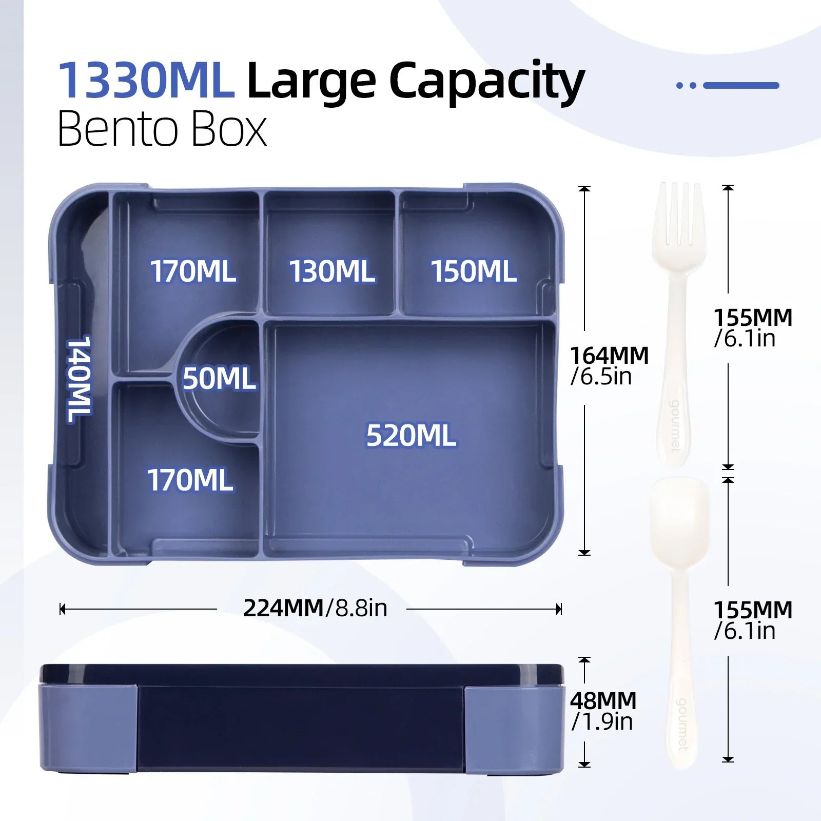 Smart Bento Meal Box – 1330ml, 7 Sections, Spill-Resistant with Utensils
