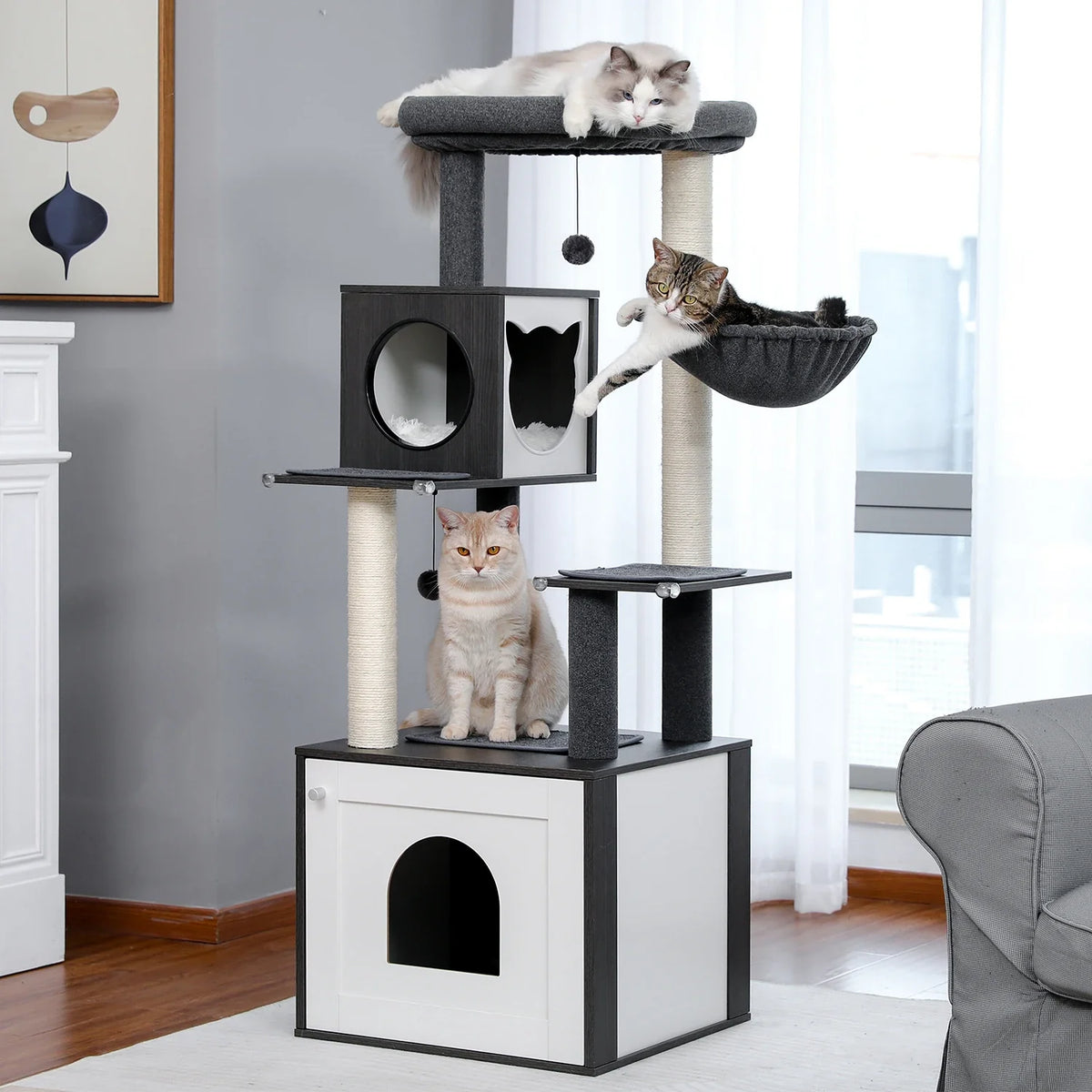 PurrNest 5-Tier Cat Haven | Multi-Level Wooden Cat Retreat with Scratch Posts & Comfortable Lounging Areas