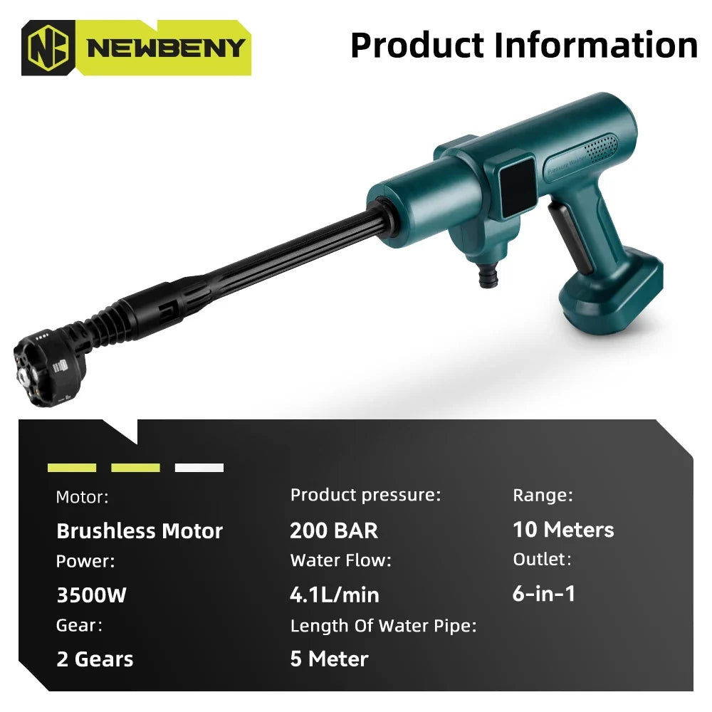 PowerJet 200Bar Multi-Function Car Wash Gun – 6 Spray Options & 5M Hose