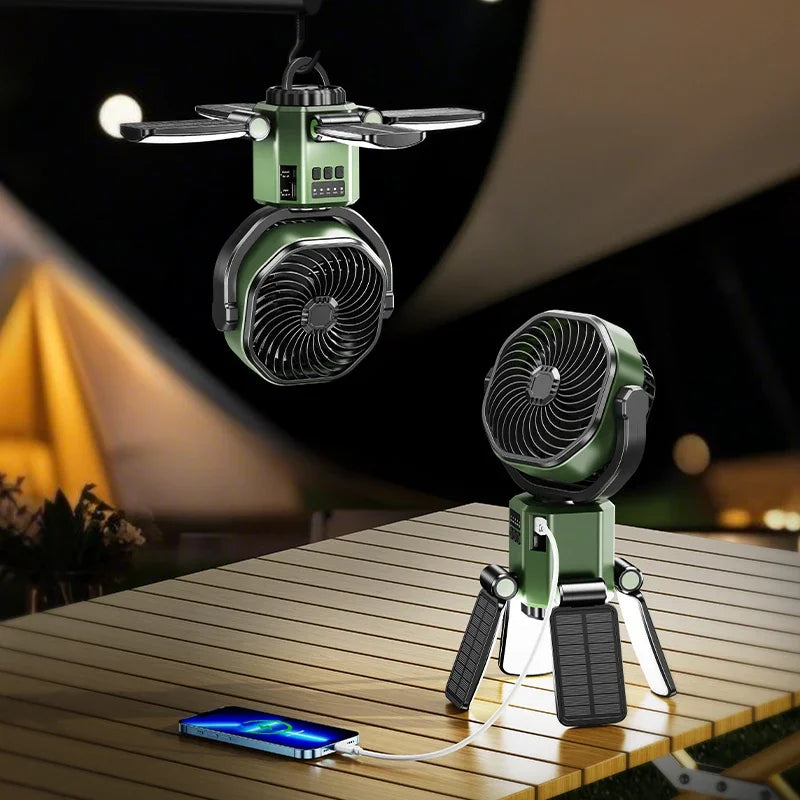 Portable Solar Fan for Camping – 6000mAh Battery, LED Light, 4 Speeds