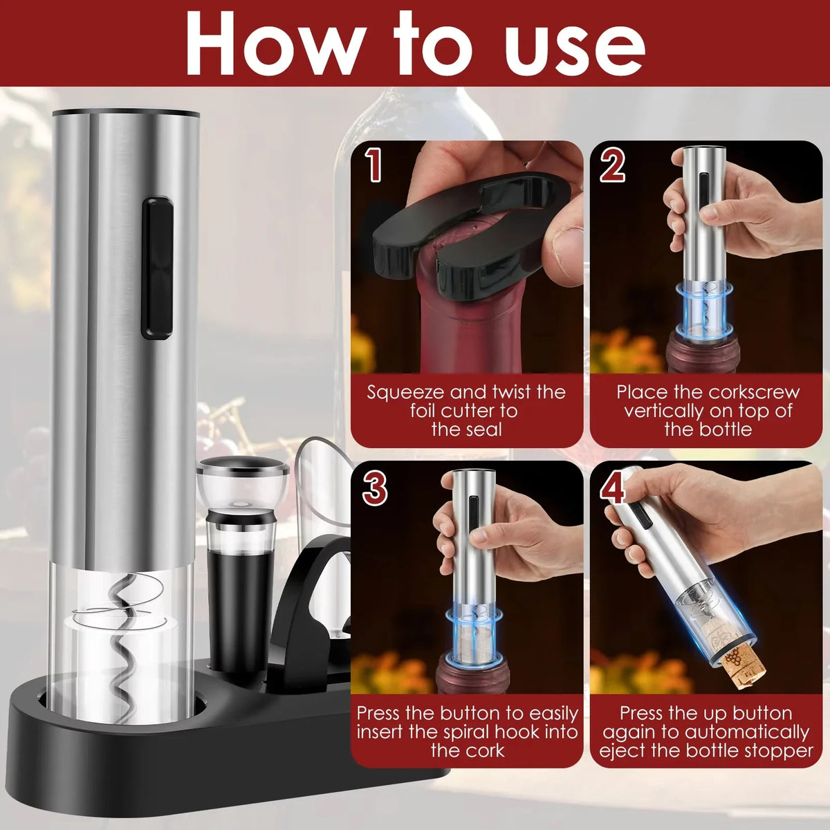 VinoMaster 4-in-1 Rechargeable Electric Wine Opener Set