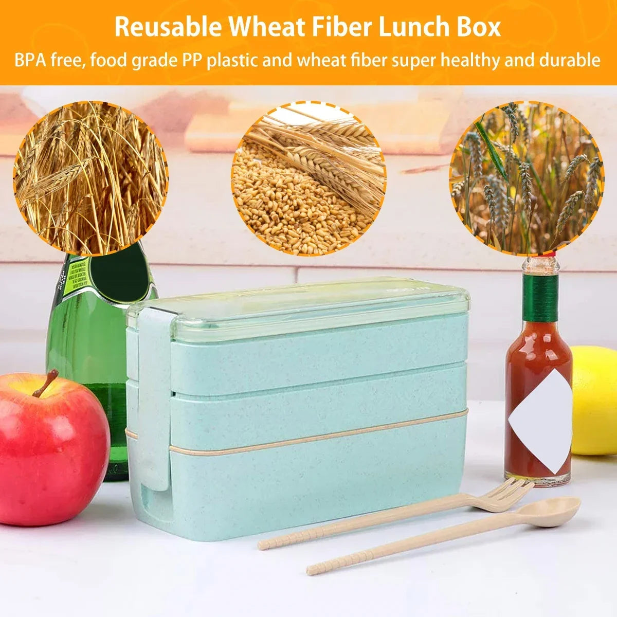 Eco-Friendly 3-Tier Lunch Box – 900ml Stackable Design with Utensils