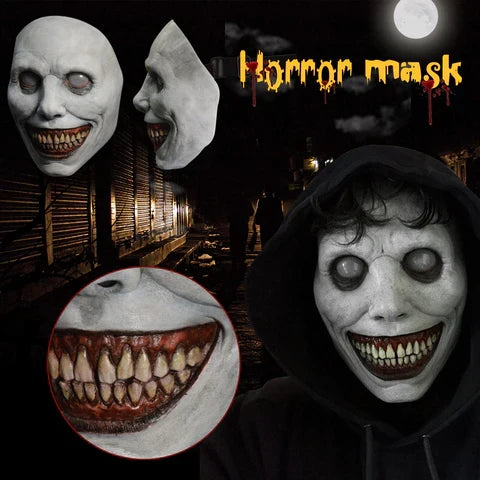 Chilling Grinning Demon Mask - Eerie White-Eyed Horror Face