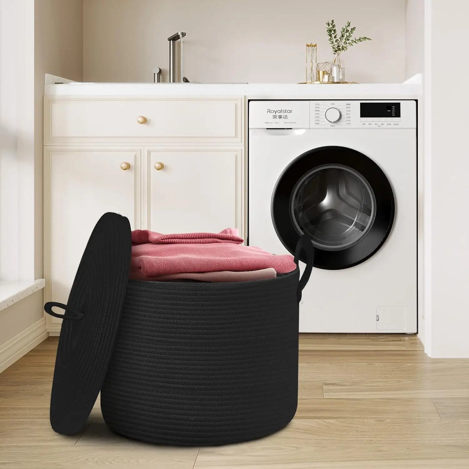 Oversized Black Cotton Rope Basket with Lid for Storage