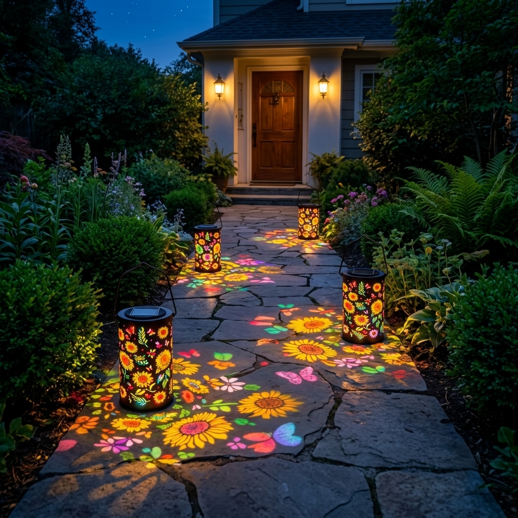 Radiant Solar Garden Lantern | Captivating Floral Projections