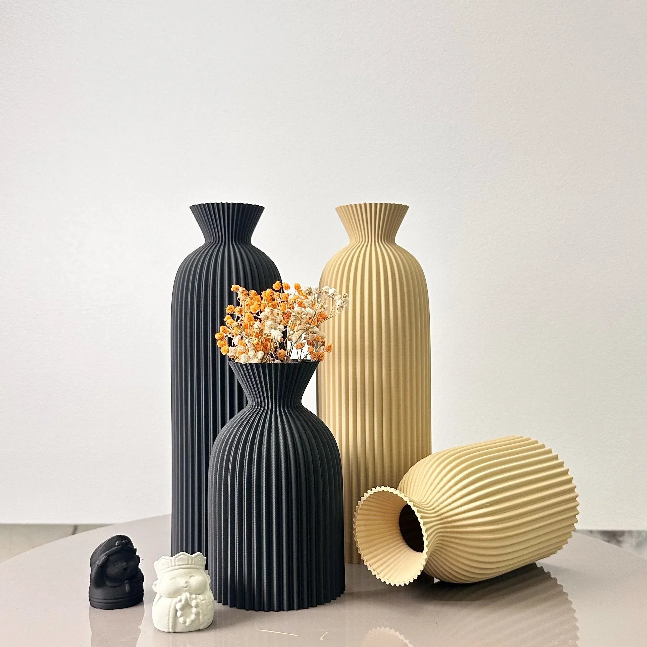 Chic Ceramic Vase Duo with Striped Design in Black and Beige
