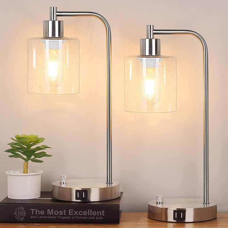 Modern USB Charging Table Lamp Duo with Dimmable Glass Shades