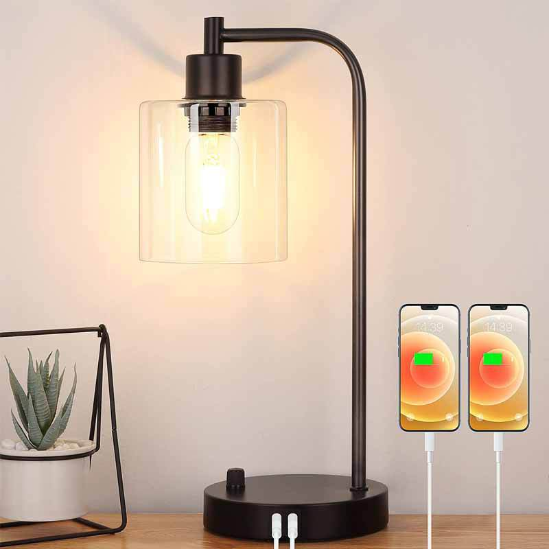 Modern USB Charging Table Lamp Duo with Dimmable Glass Shades