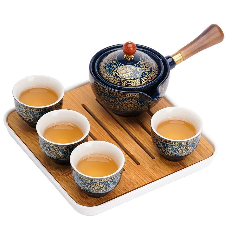 Elegant 5-Piece Ceramic Tea Set with Bamboo Serving Tray