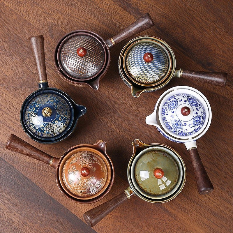 Elegant 5-Piece Ceramic Tea Set with Bamboo Serving Tray