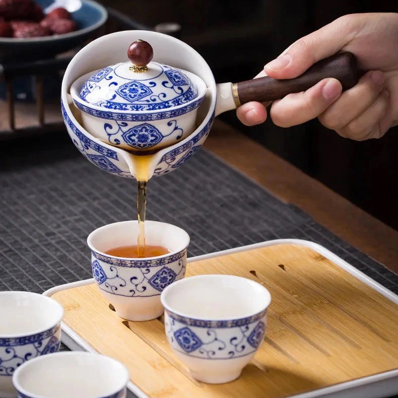 Elegant 5-Piece Ceramic Tea Set with Bamboo Serving Tray