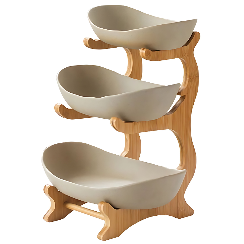 Multi-Level Bamboo Fruit Organizer with Oval Bowls