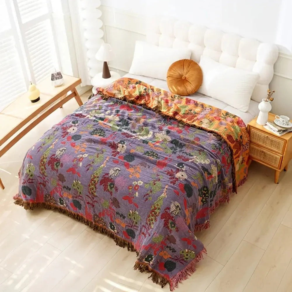 Elegant Reversible Floral Throw Blanket with Tassels