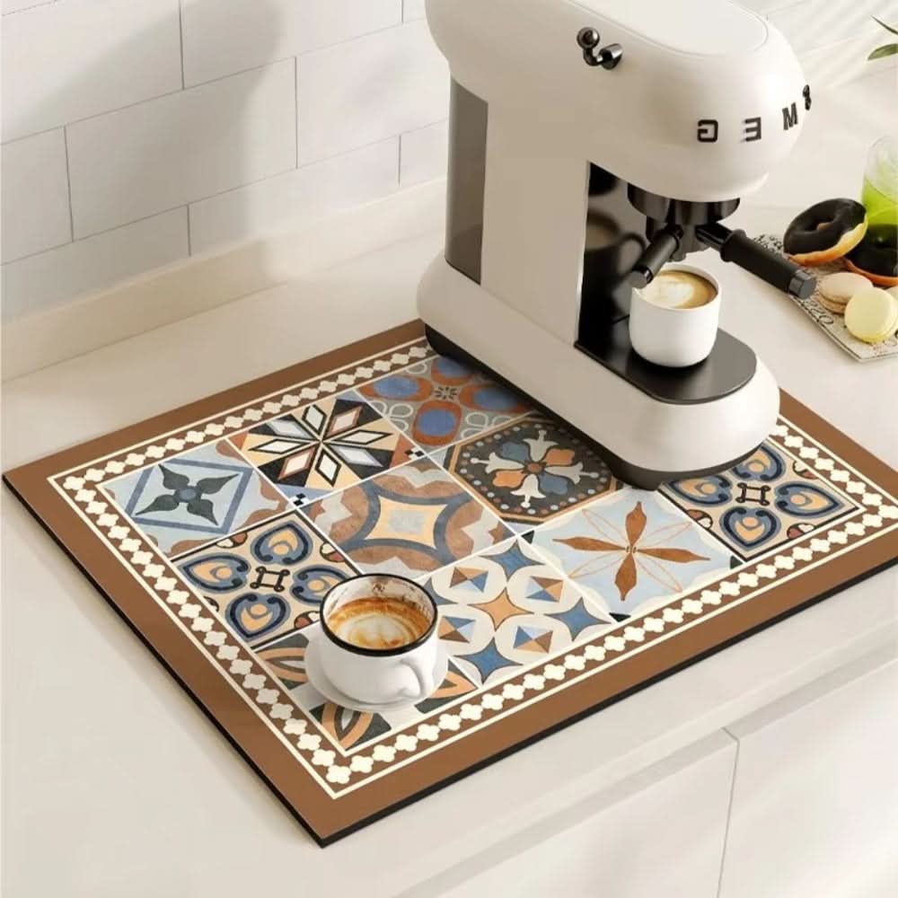 Vintage Charm Spill Control Coffee Mat with Non-Slip Backing