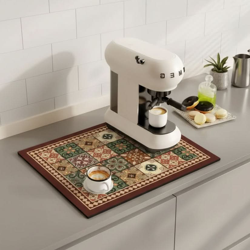 Vintage Charm Spill Control Coffee Mat with Non-Slip Backing