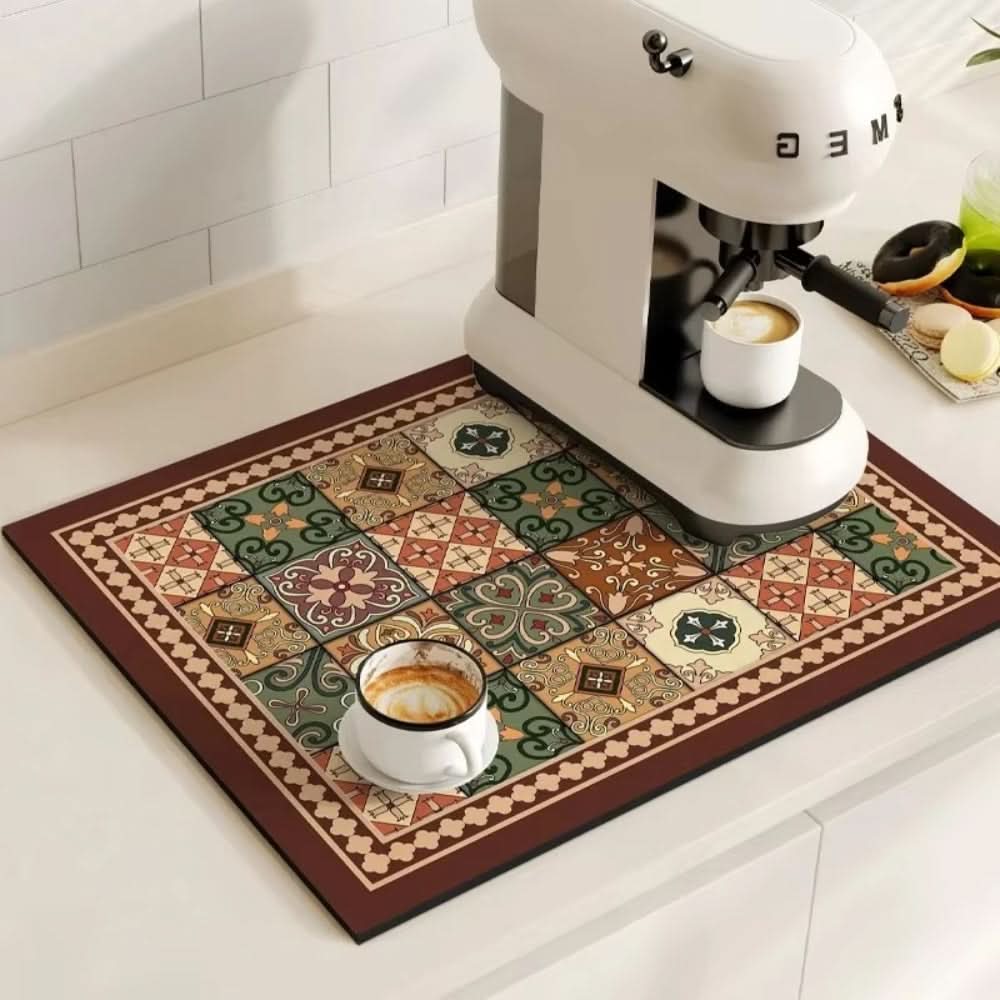 Vintage Charm Spill Control Coffee Mat with Non-Slip Backing