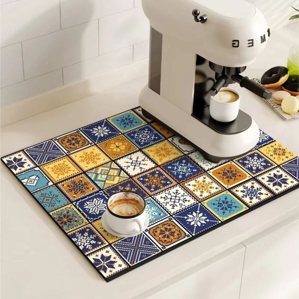 Vintage Charm Spill Control Coffee Mat with Non-Slip Backing