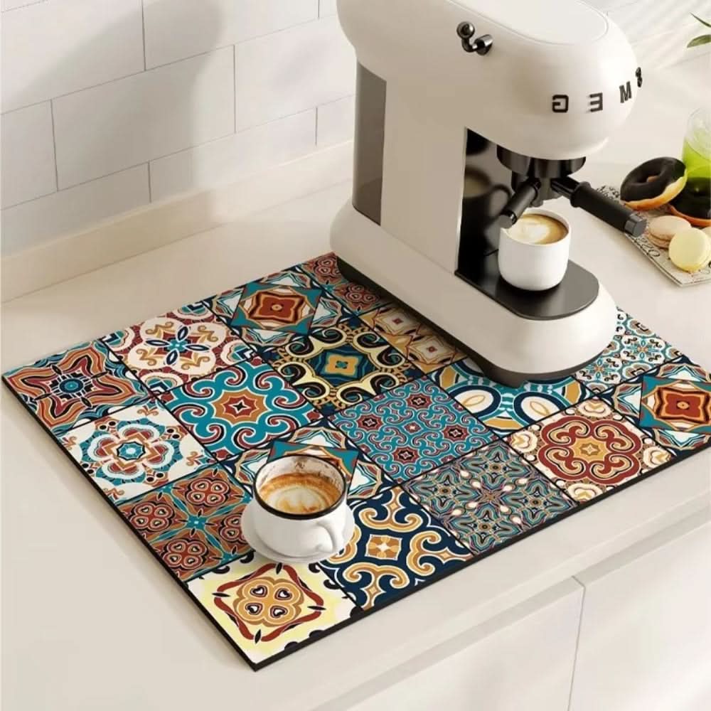 Vintage Charm Spill Control Coffee Mat with Non-Slip Backing