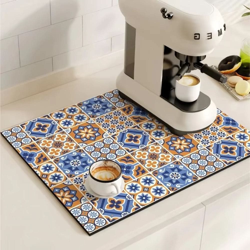 Vintage Charm Spill Control Coffee Mat with Non-Slip Backing