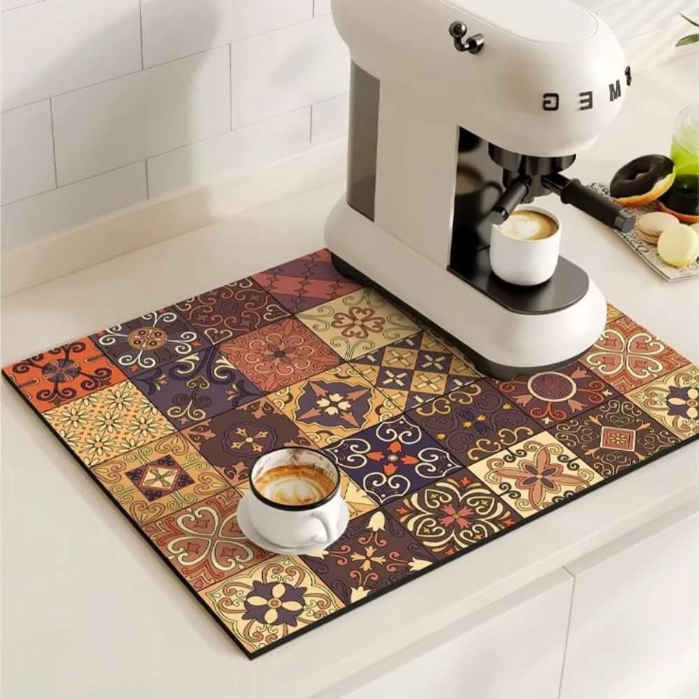 Vintage Charm Spill Control Coffee Mat with Non-Slip Backing
