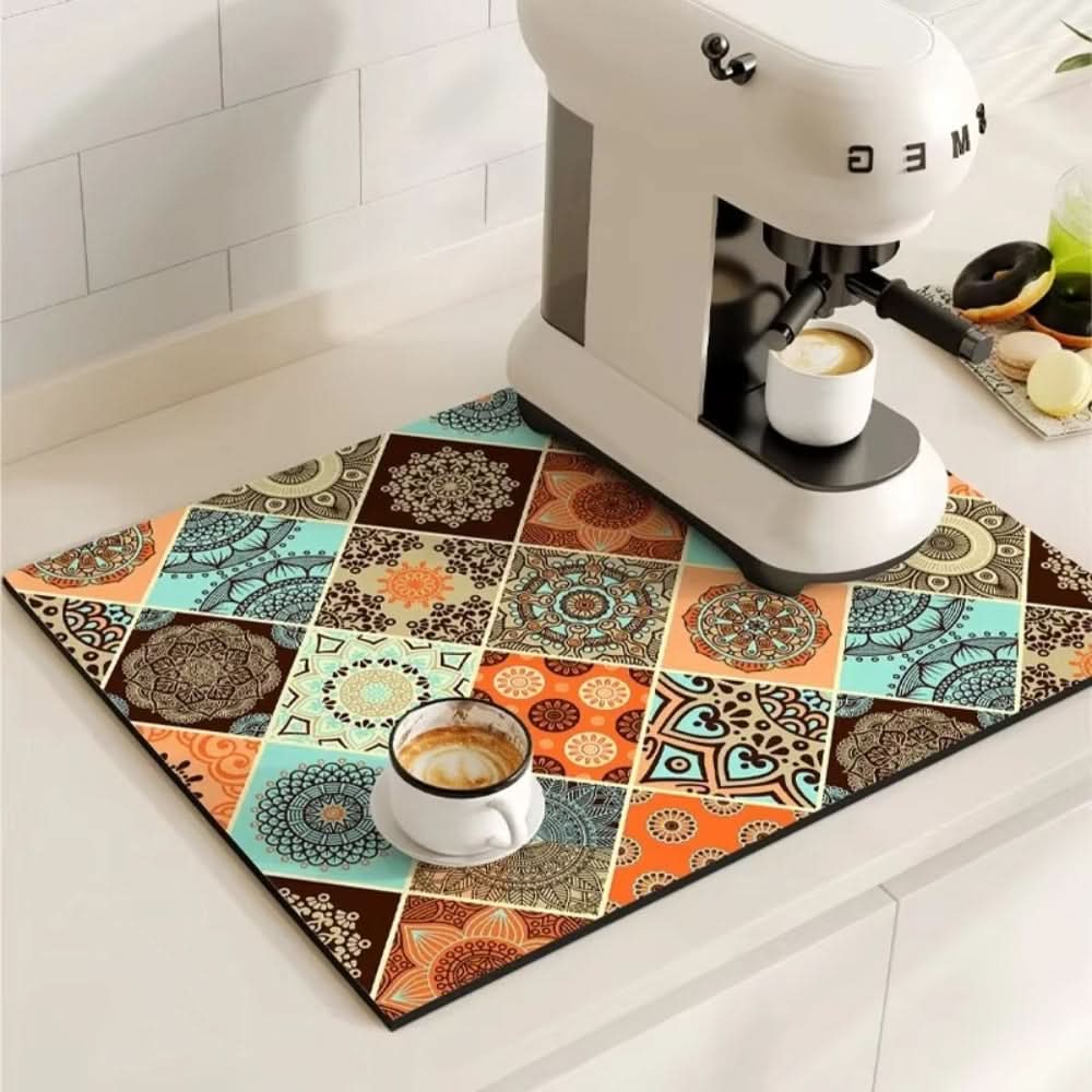 Vintage Charm Spill Control Coffee Mat with Non-Slip Backing