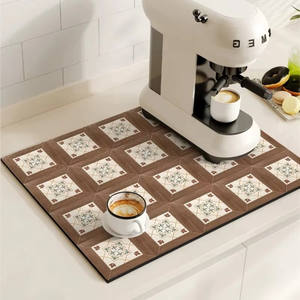 Vintage Charm Spill Control Coffee Mat with Non-Slip Backing