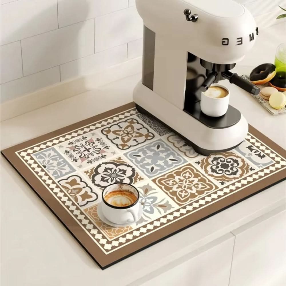 Vintage Charm Spill Control Coffee Mat with Non-Slip Backing