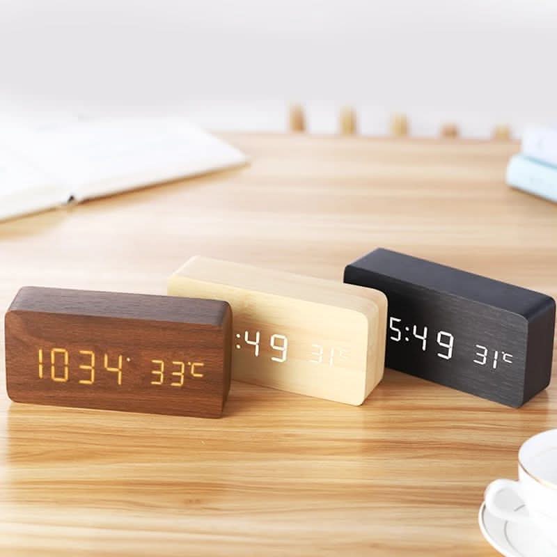 EcoSmart LED Alarm Clock with Wood Finish and Temp Display