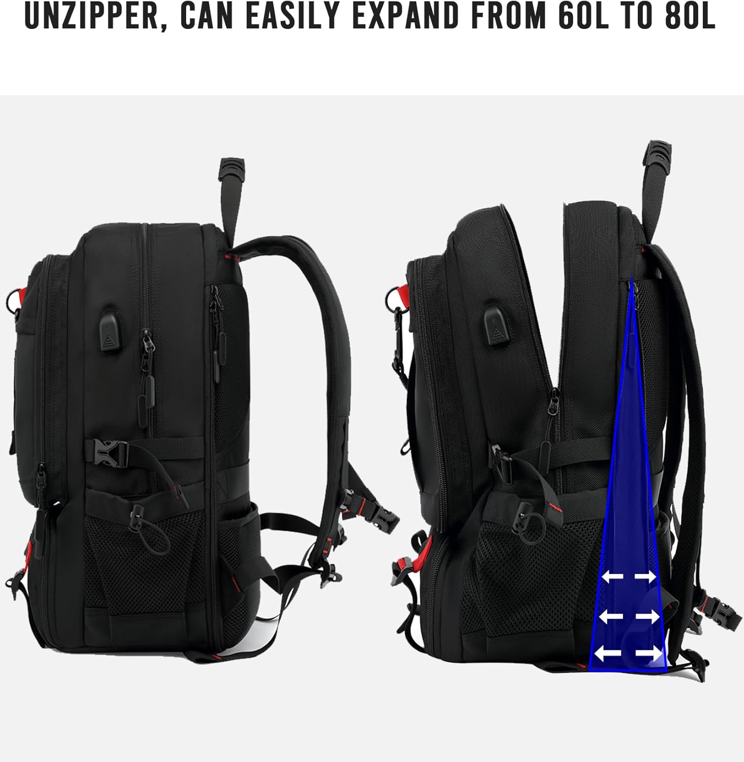 Versatile 60L Waterproof Backpack with USB Port & Shoe Holder