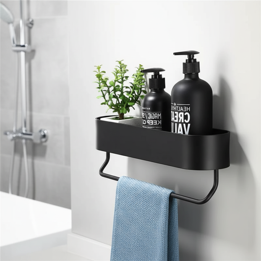 Black Metal Wall Shelf - Bathroom Storage Solution