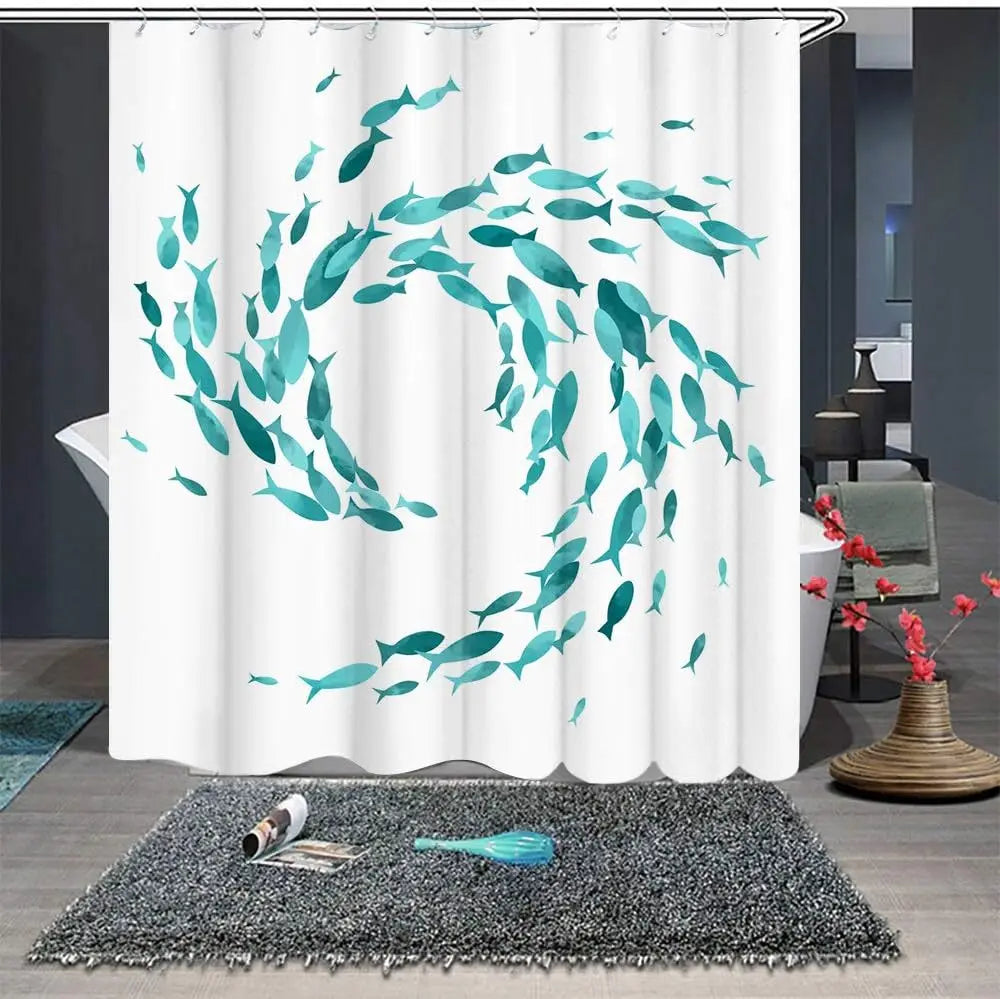 Turquoise Shower Curtain Made of Washable Fabric with Included Hooks