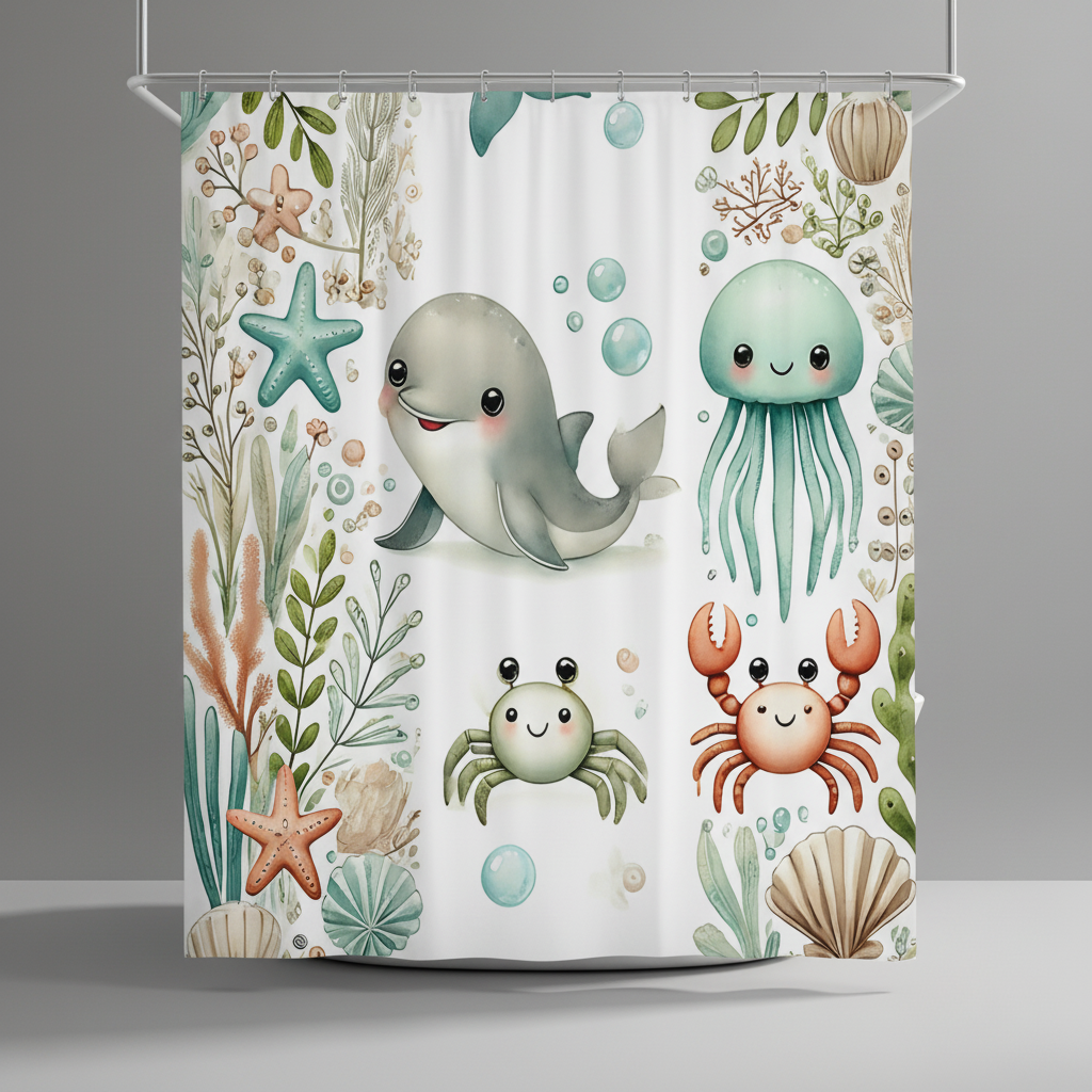Water-Resistant Shower Curtain in Soft Fabric - Ocean Theme