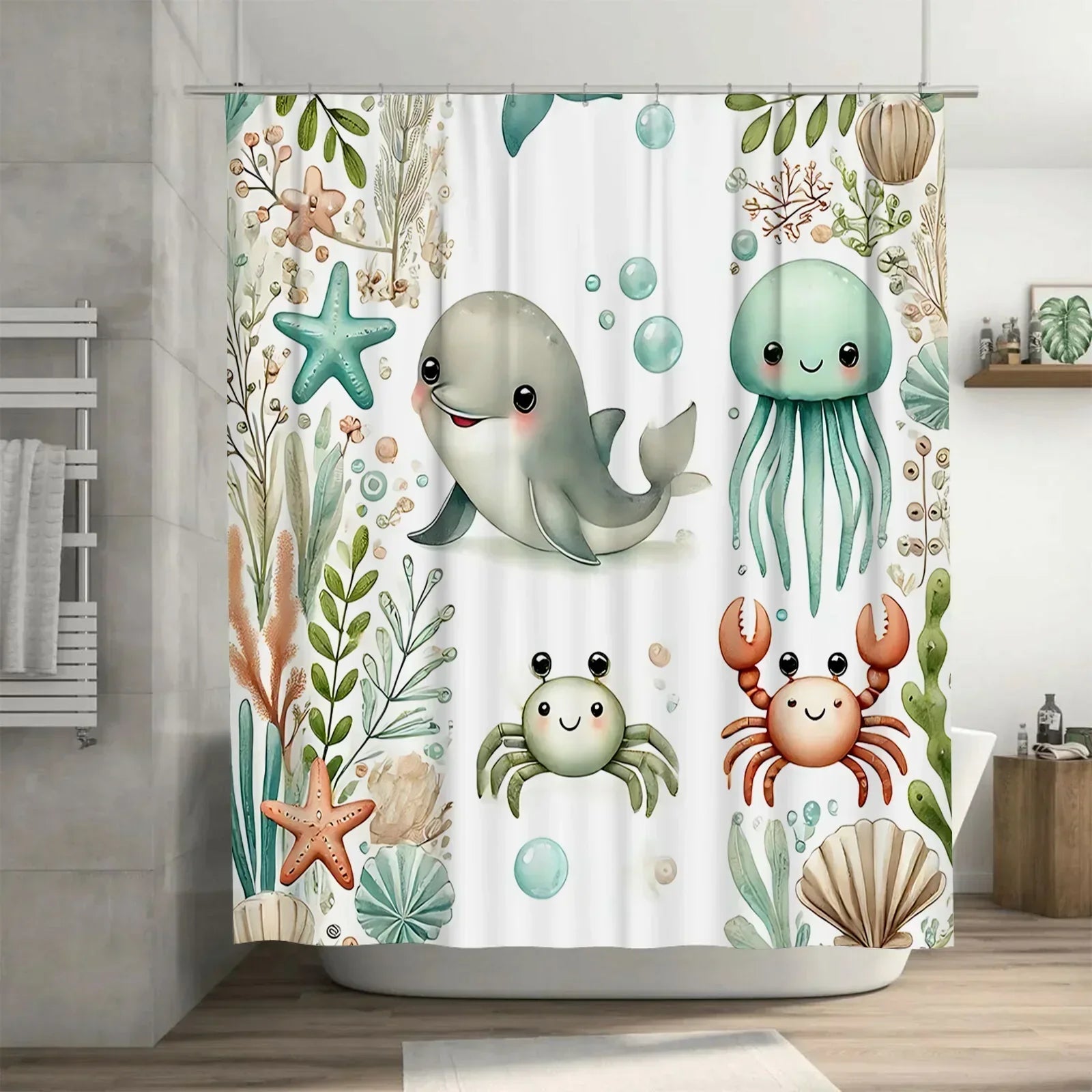 Water-Resistant Shower Curtain in Soft Fabric - Ocean Theme