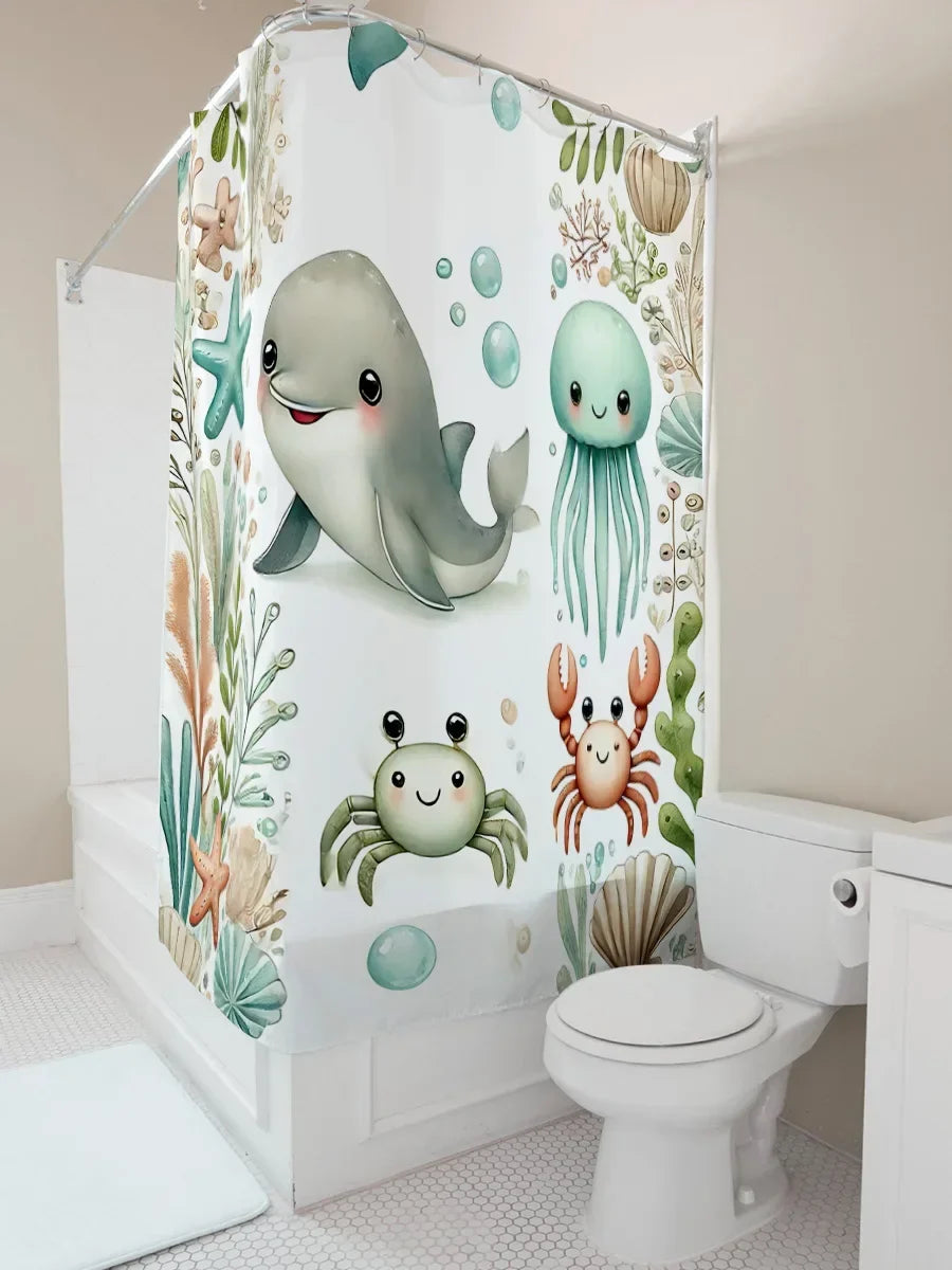 Water-Resistant Shower Curtain in Soft Fabric - Ocean Theme