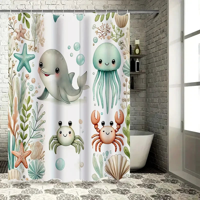 Water-Resistant Shower Curtain in Soft Fabric - Ocean Theme