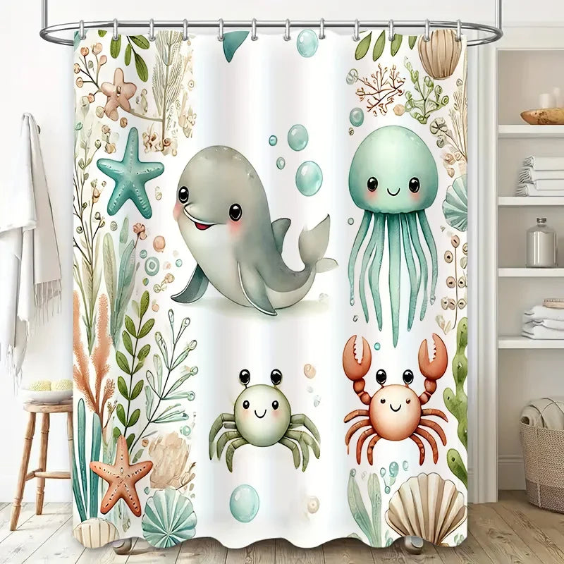 Water-Resistant Shower Curtain in Soft Fabric - Ocean Theme