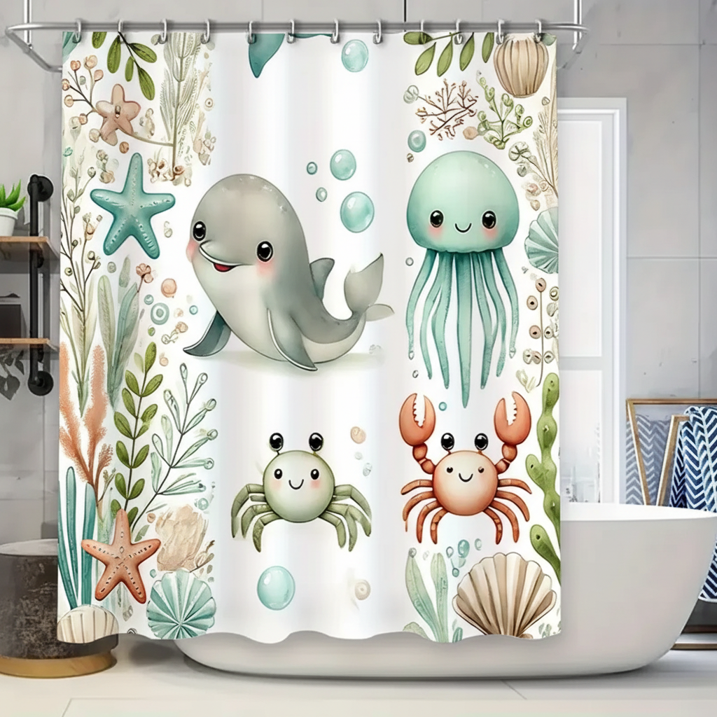 Water-Resistant Shower Curtain in Soft Fabric - Ocean Theme