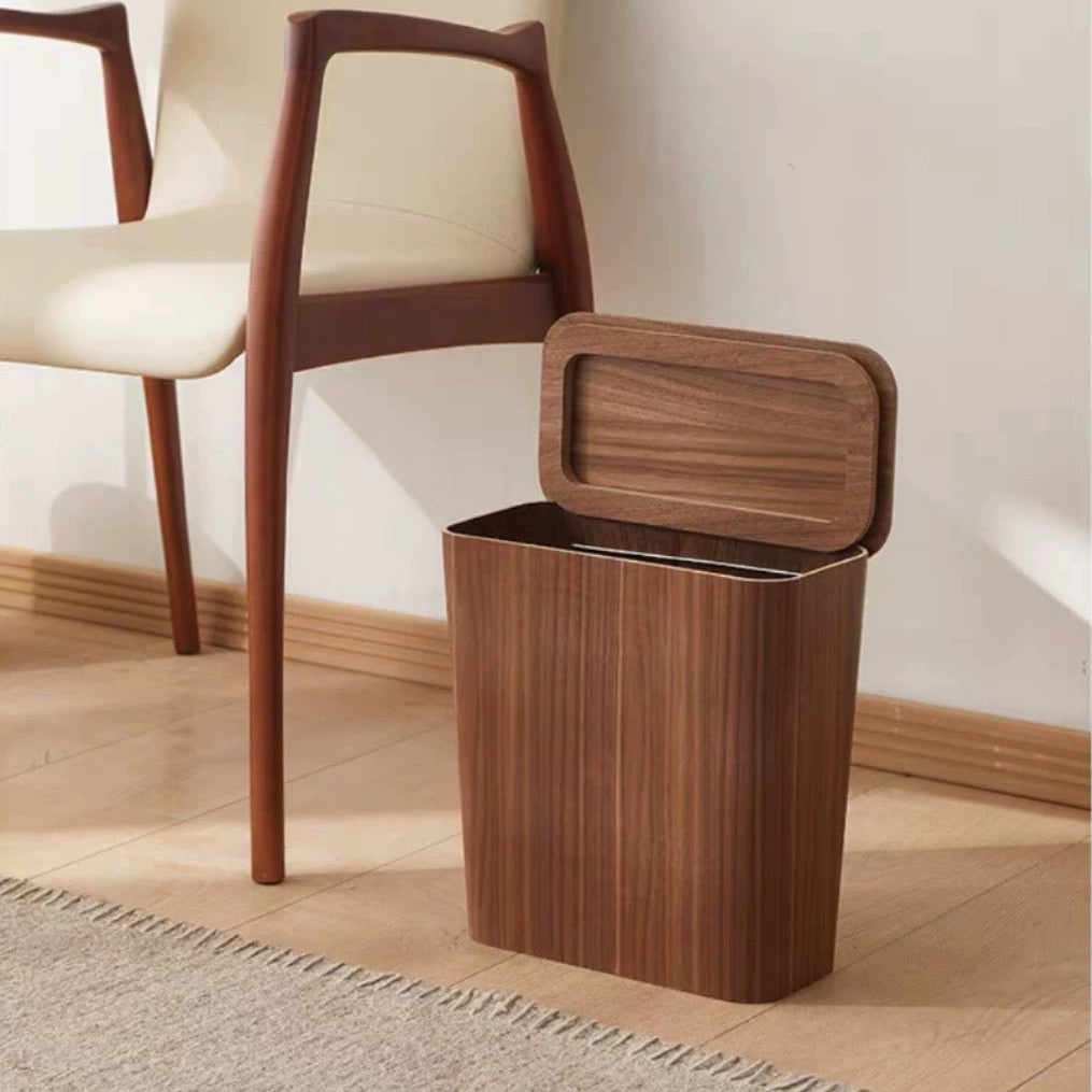 Stylish Wood-Finish Trash Bin with Rotating Lid Option