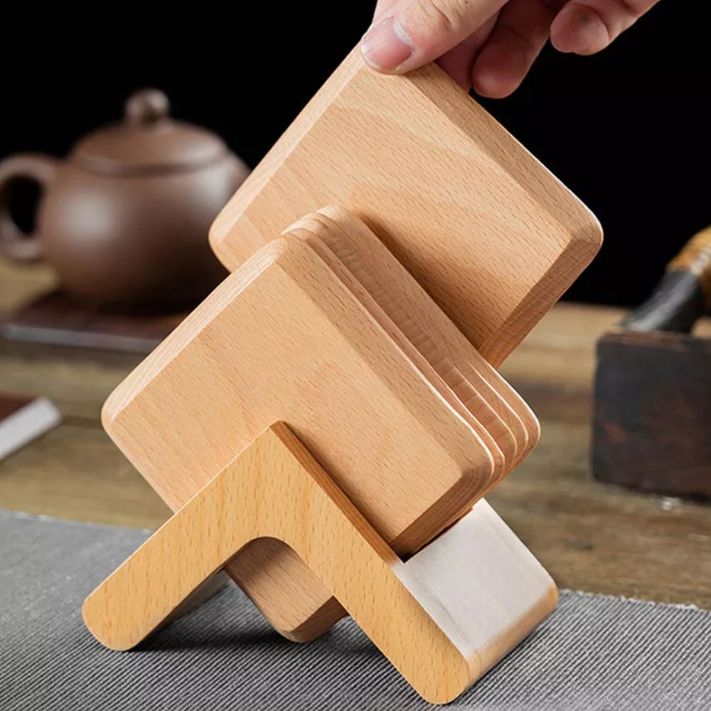 Elegant Wooden Coaster Collection with Stylish Holder - 6 Pieces