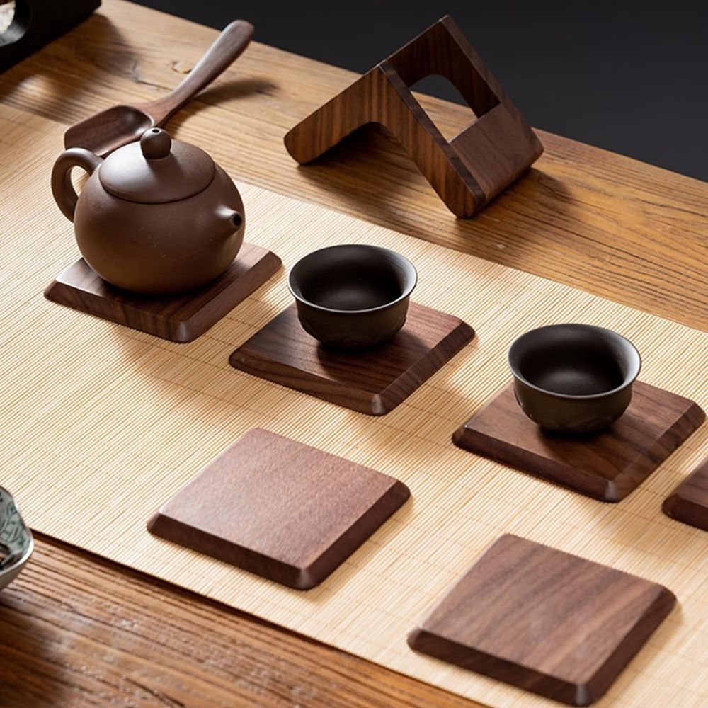 Elegant Wooden Coaster Collection with Stylish Holder - 6 Pieces