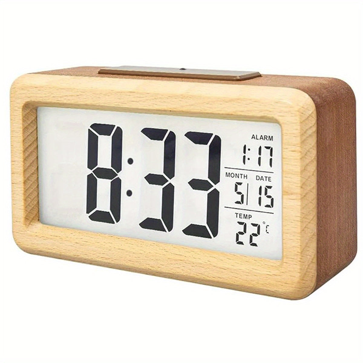 Natural Wood LED Alarm Clock with Time, Date & Temp Display