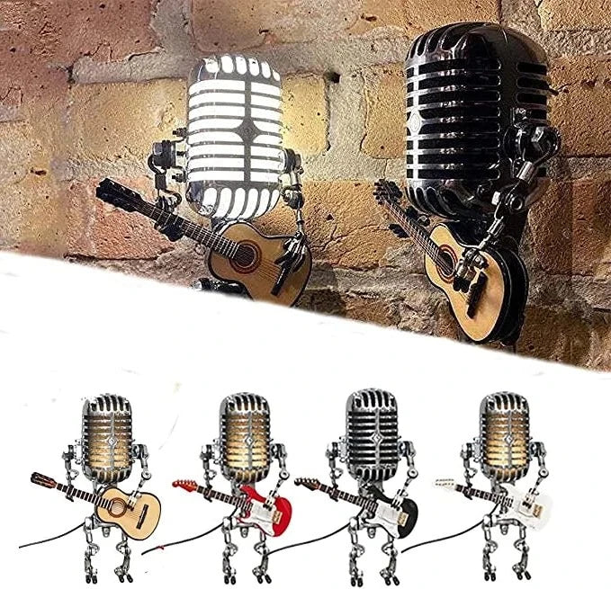 Retro-Inspired Microphone Robot Lamp with Guitar Accent