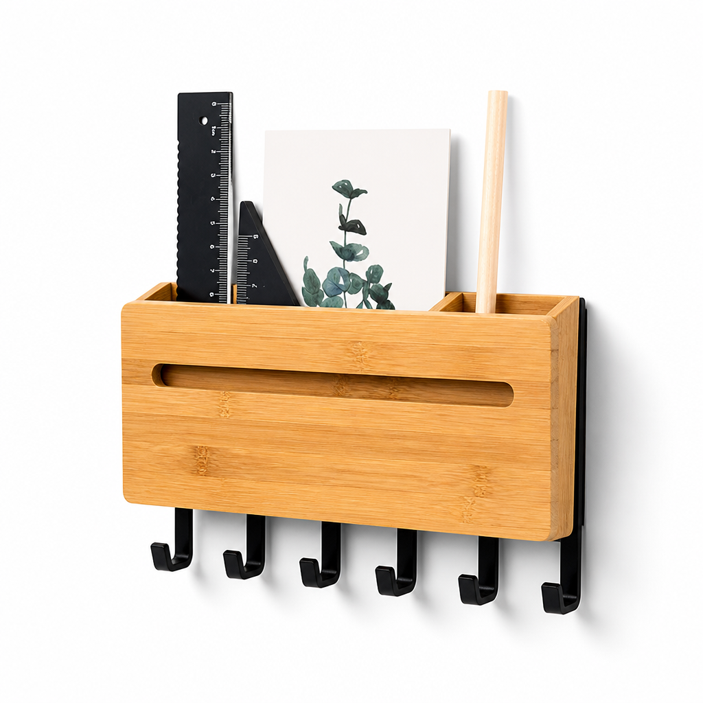 Natural Wood Wall-Mounted Key & Mail Organizer