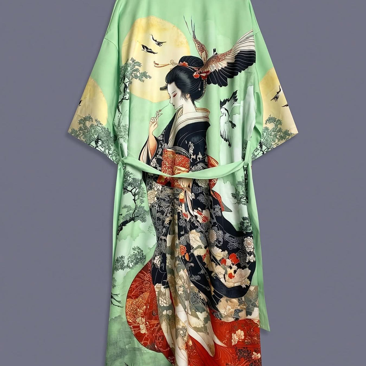 Elegance Unveiled - Artistic Satin Kimono Cover-Up